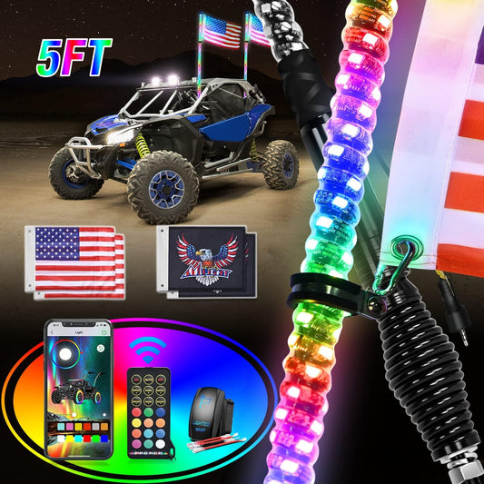 Nilight 2PCS 5FT RGB LED Whip Light with Spring Base Remote App Control w/DIY Chasing Patterns Turn Signal & Brake Lights for ATV UTV Polaris RZR Can-am Dune Buggy Jeep