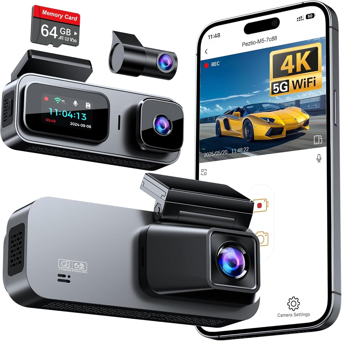 3 Channel 4K Dash Cam Front and Rear Inside, Built-in 5G WiFi, 4K+1080P+1080P Dash Camera for Cars with 64GB Card, Dashcam with Loop Recording, G-Sensor, 24H Parking Monitor, Silver
