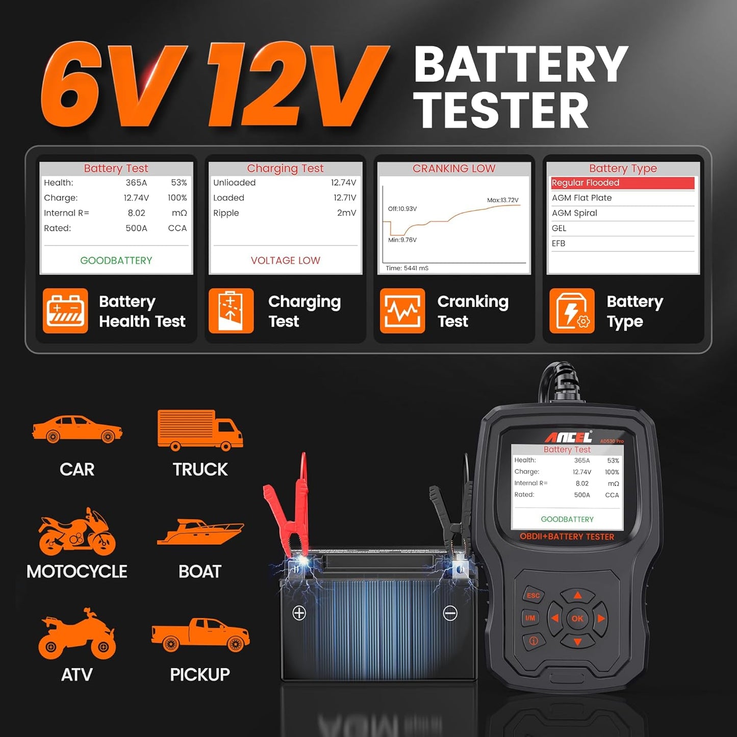 ANCEL AD530 PRO 2 in 1 OBD2 Scanner & Car Battery Tester, Car Scanner Diagnostic Tool with Live Data, 6V 12V Battery Checker with Charging/Cranking Test, Check Engine Code Reader for 1996+ Vehicles
