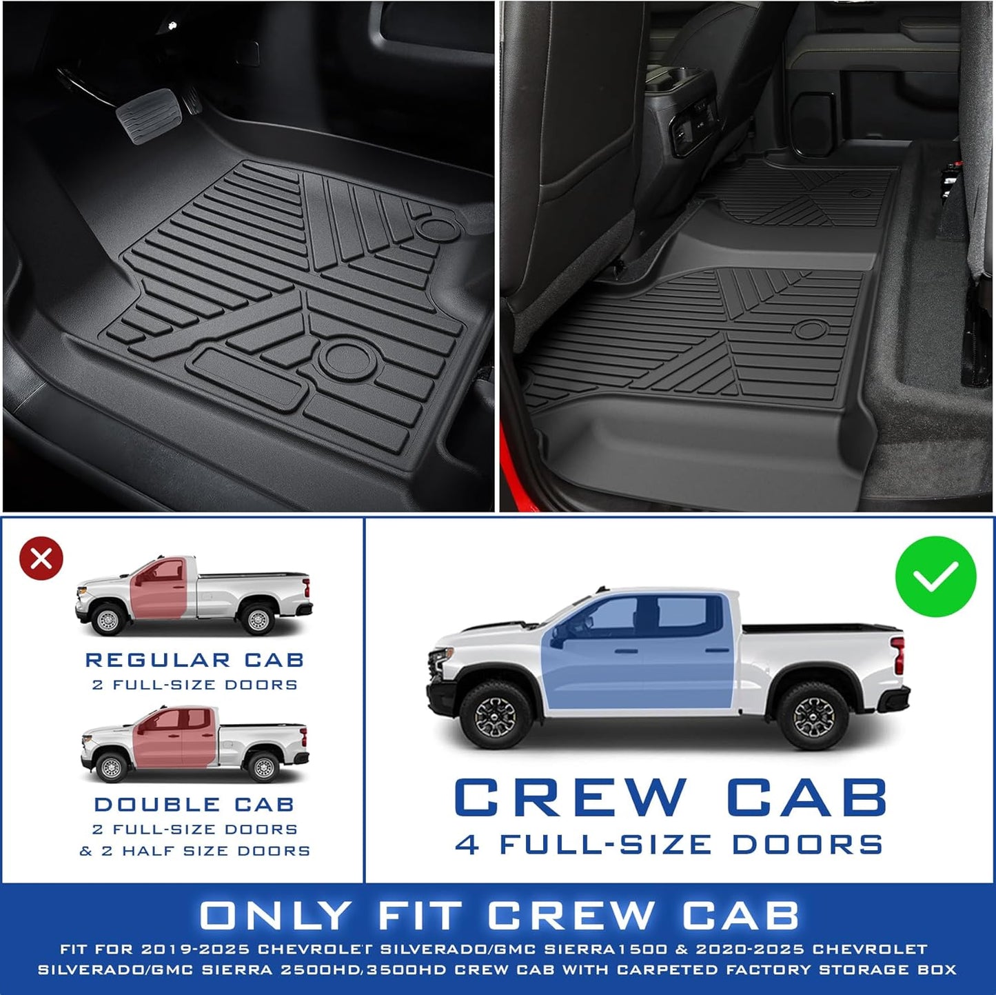 Floor Mats for 2019-2024 2025 Chevy Silverado 1500/GMC Sierra 1500 & 2020-2025 Chevrolet Silverado/Sierra 2500/3500 HD Crew Cab, Fit for 2nd Row with Underseat Storage Box, Front Bucket Seat