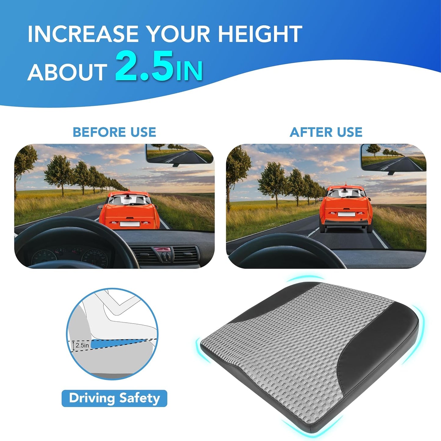 Car Seat Cushion, Comfortable Memory Foam Seat Pillow for Driving, Sciatica-Back Pain Relief, Cushion for Car-Truck, Office, Wheelchair - Black&Gray