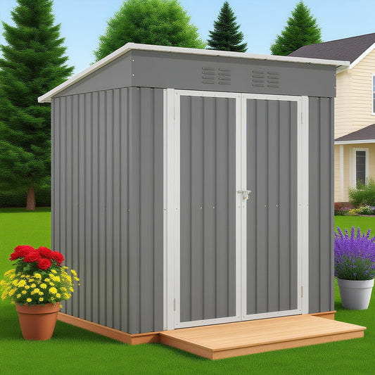 6 x 4 FT Outdoor Storage Metal Shed, Bike Garden Tool Shed with Slooping Roof, Lockable Doors and Aluminum Frames, Shed Easy to Assemble for Garden, Patio, Lawn, Grey