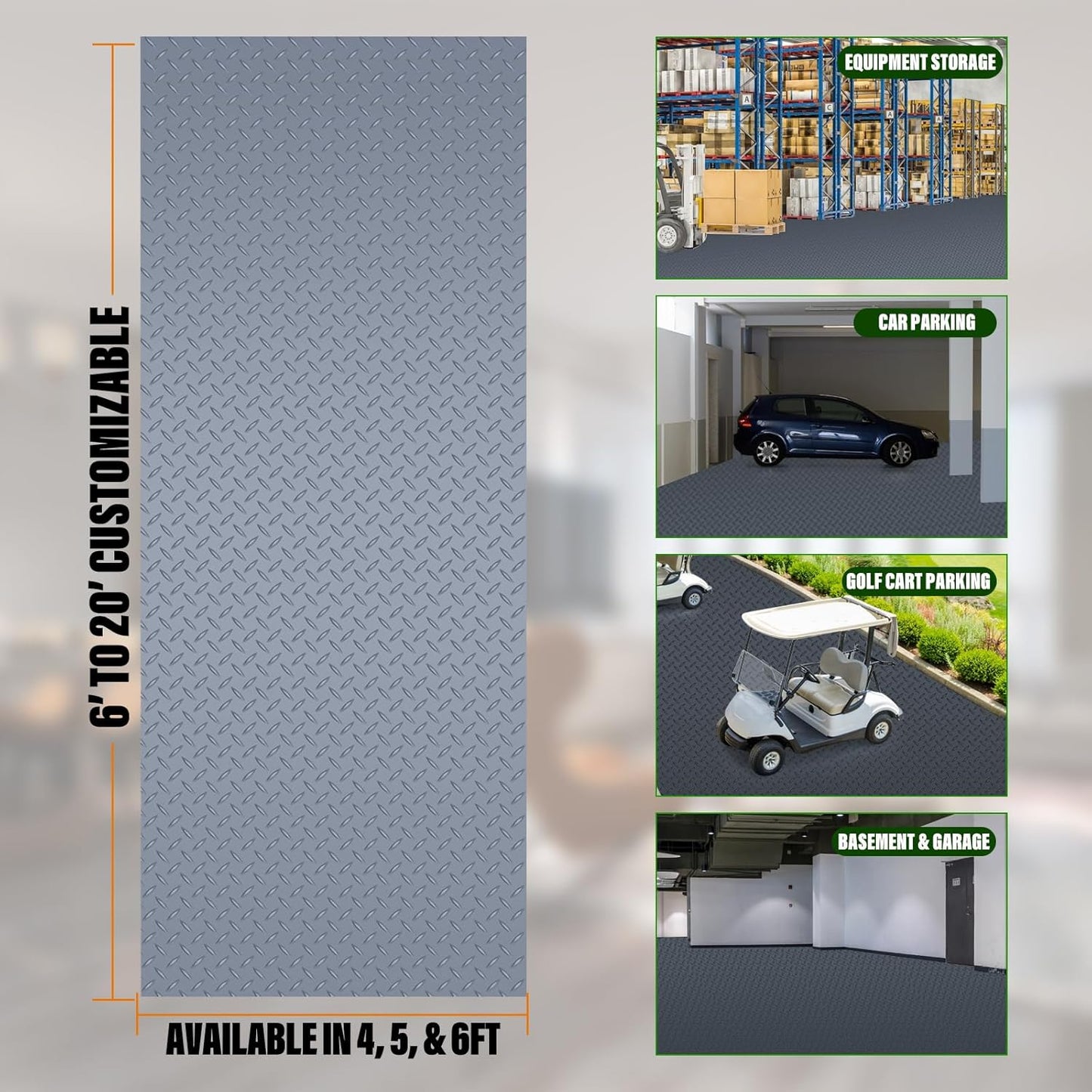 SEAL 4 x 15 Ft Premium Garage Floor Mat, Solid 2.8mm Thick Gray Commercial Grade Heavy Duty Parking Mat for Garage Floor, Golf Cart Parking, Water/Stain Resistant Floor Runner (Embossed Diamond Plate)