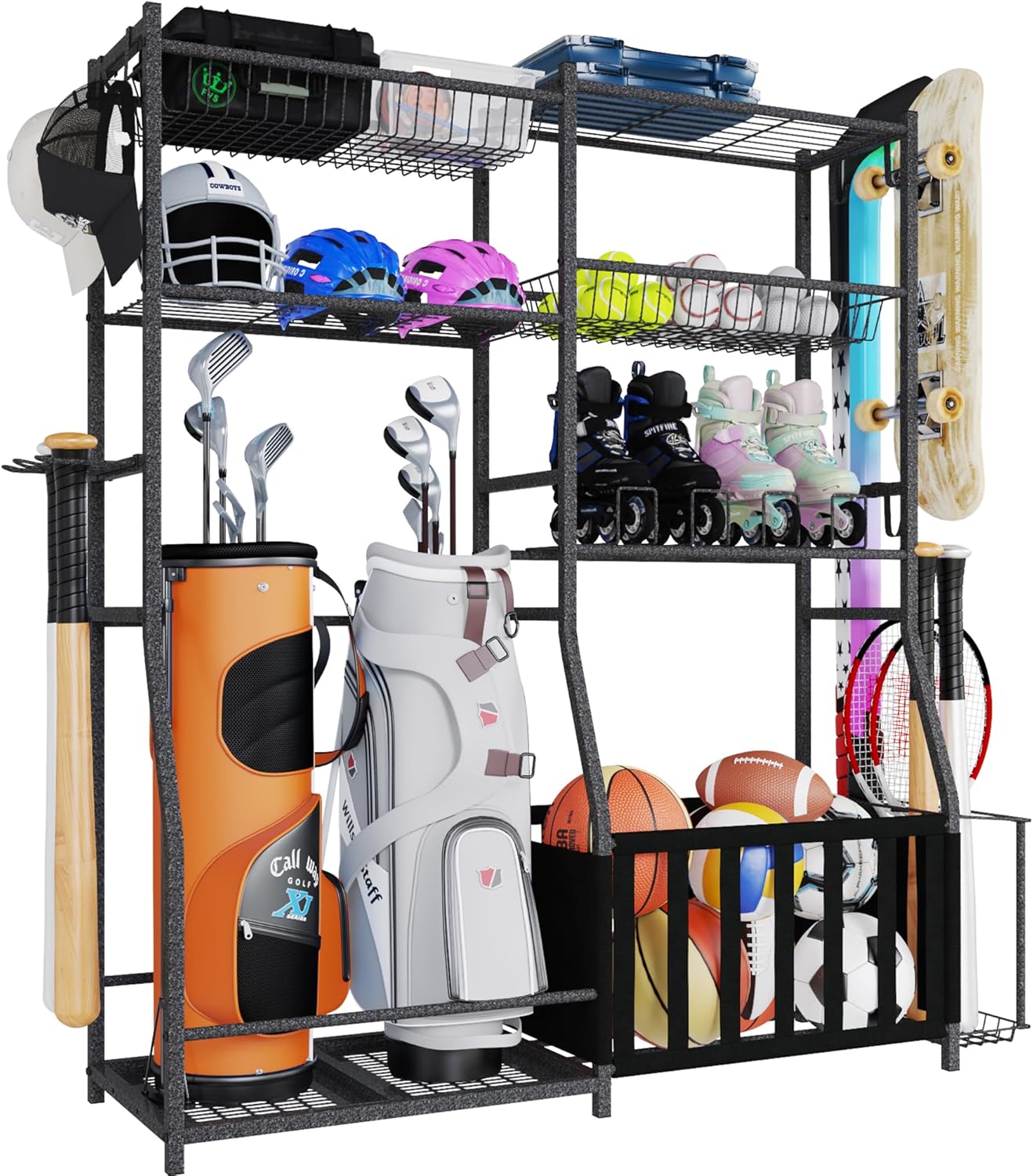 HOMREST Sports Equipment Storage,2 Golf Bag Storage Stand, Ball Holder, Garage Sports Organizer with Basket and Hooks, Sports Ball Storage for Toy Sports Gear Storage, Black