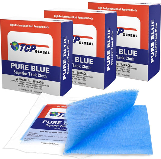 TCP Global - Pure Blue Superior Tack Cloths - Tack Rags (Box of 36) - Automotive Car Painters Professional Grade - Removes Dust, Sanding Particles, Cleans Surfaces - Wax and Silicone Free, Anti-Static
