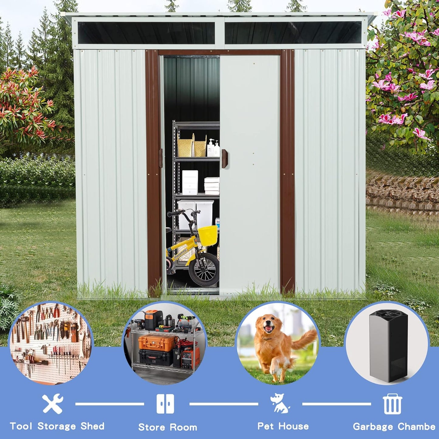 6×5 FT Outdoor Galvanized Metal Storage Shed Large Garden Sheds W/Sliding Doors and Padlock,Rust and Waterproof,with Window and Punched Vents,Tool-Sheds for Backyard,Lawn,White