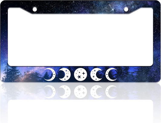 Moon Phases License Plate Frame Starry Sky Forest Moon License Plate Holder for Front or Rear Car Tags Stainless Steel Funny Car Decoration with Screws 6.3 X 12.2 in