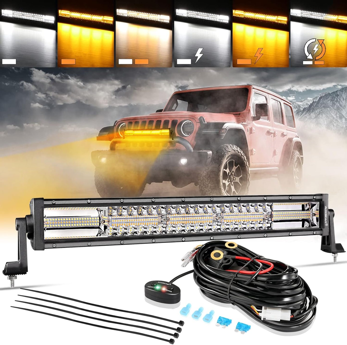 Auxbeam 22 Inch LED Light Bar, 120W 6 Modes Amber White Strobe Fog Lights, Yellow Spot Flood Memory Reset Function Offroad Driving Work Ditch Light for Truck Car ATV