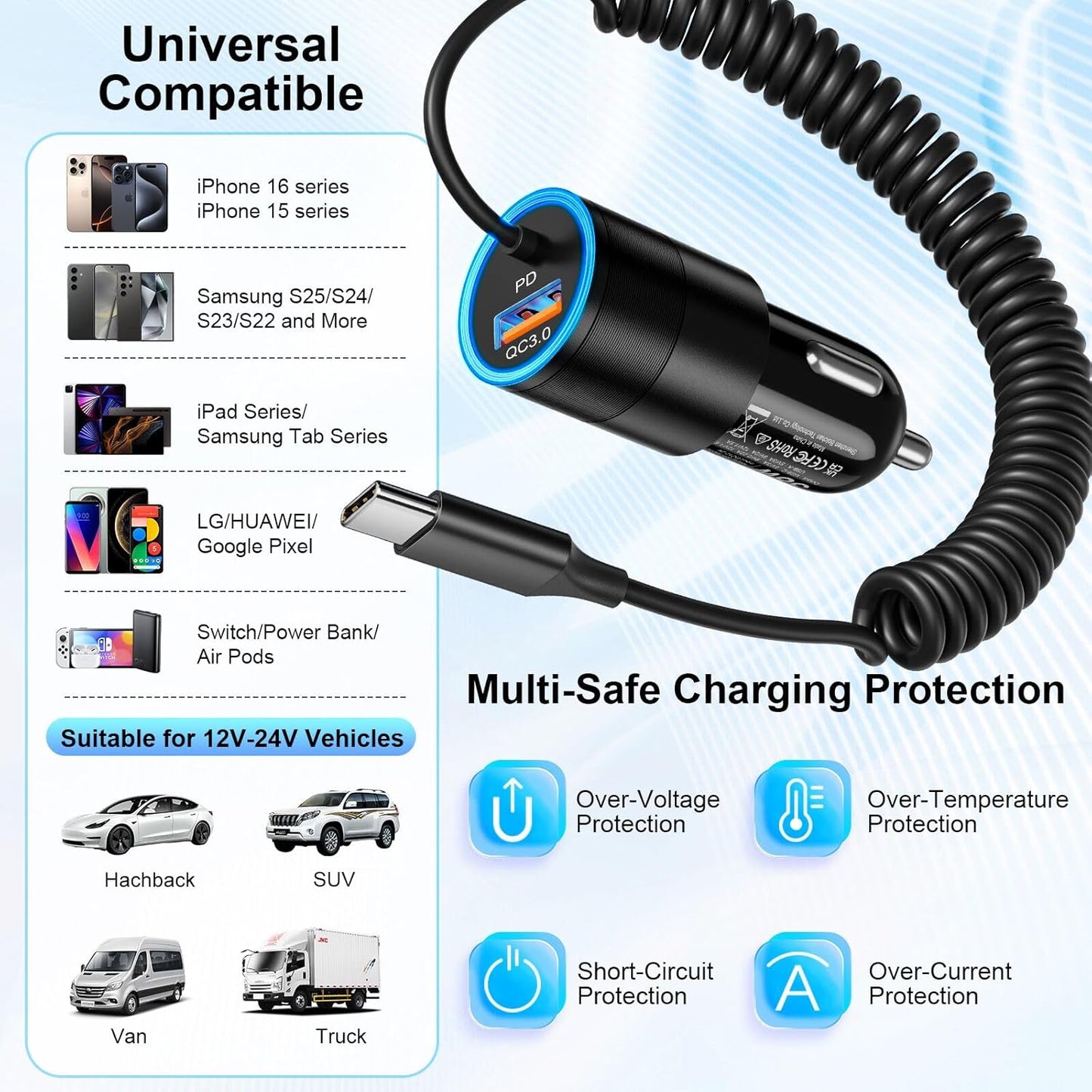 3-Pack USB C Car Charger,38W Fast Charging Car Phone Charger+3.5FT Type C Coiled Cable,PD&QC 3.0 Car Charger Adapter Compatible with iPhone 16/15 Plus/Pro/Max,Galaxy S24 S23 Ultra,iPad,LG