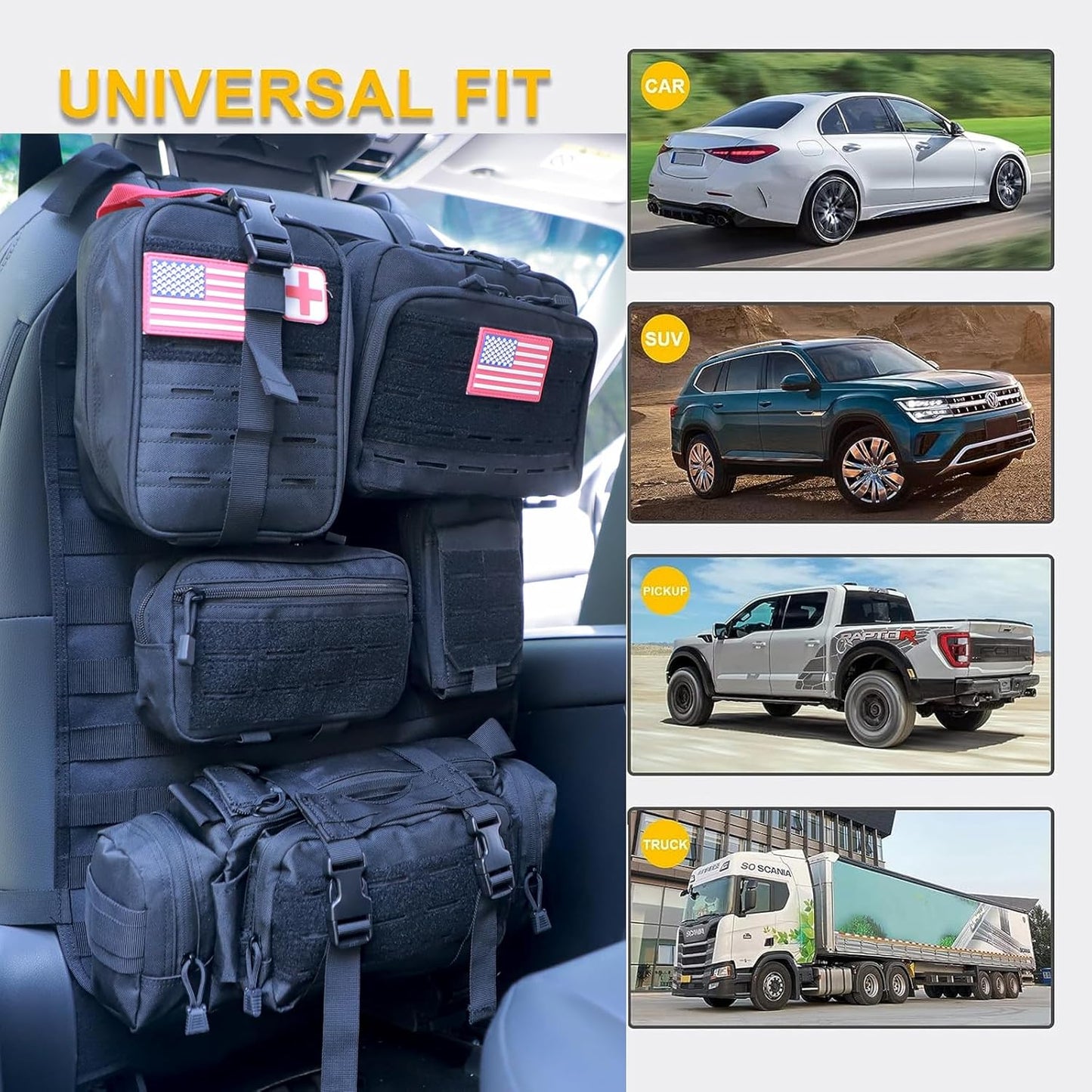 Universal Tactical Seat Back Organizer Vehicle Molle Panel Organizer Storage Bag with 5 Detachable Molle Pouch for All Vehicel Such as Jeep,Truck,SUV, Car, Ford,Chevy etc