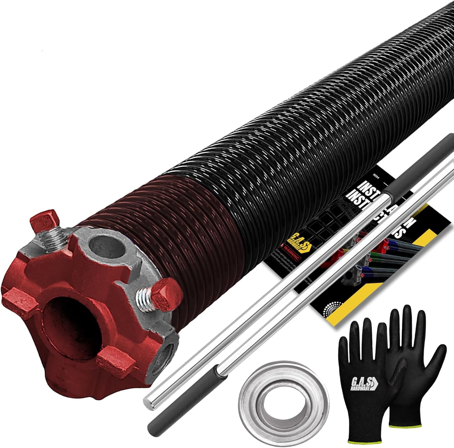 Garage Door Torsion Spring 234x1.75x29 Includes 1” Steel Bearing, Non-Slip Gloves, and Winding Bars for Left Side of Garage Door Precision E-Coating 5-Year Warranty Min. 30,000 Cycles (Red Cone)