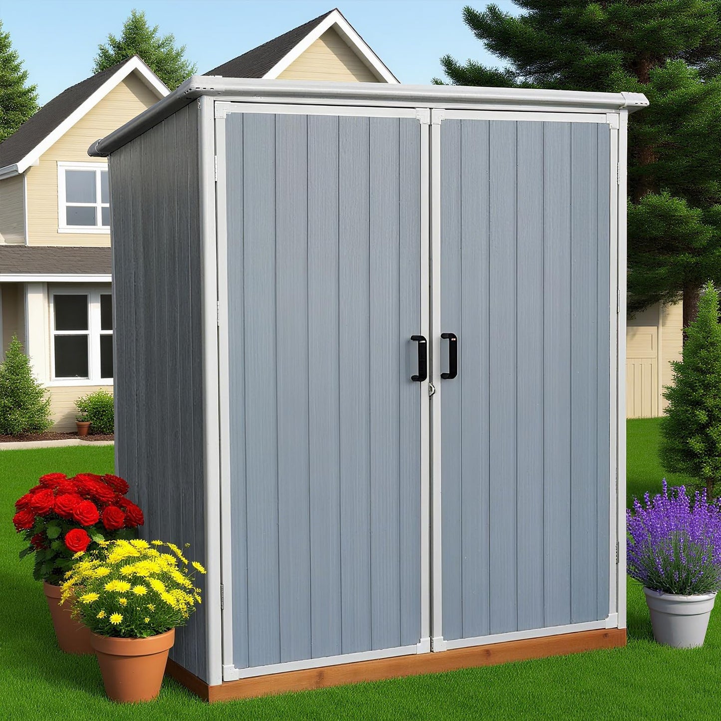5x3 FT Resin Outdoor Storage Shed with Floor, Resin Cabinet with Lockable Doors, Waterproof Plastic Tool Shed for Patio Furniture, Bikes, Grey