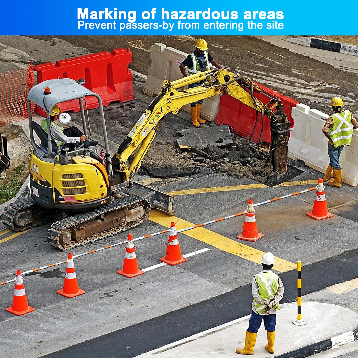 8-Pack Retractable Traffic Safety Cone Bar - 4Ft to 8.8Ft Expandable - PVC Extendable Barricade with Reflective Strips - for Road Construction, Parking-Cone Not Included