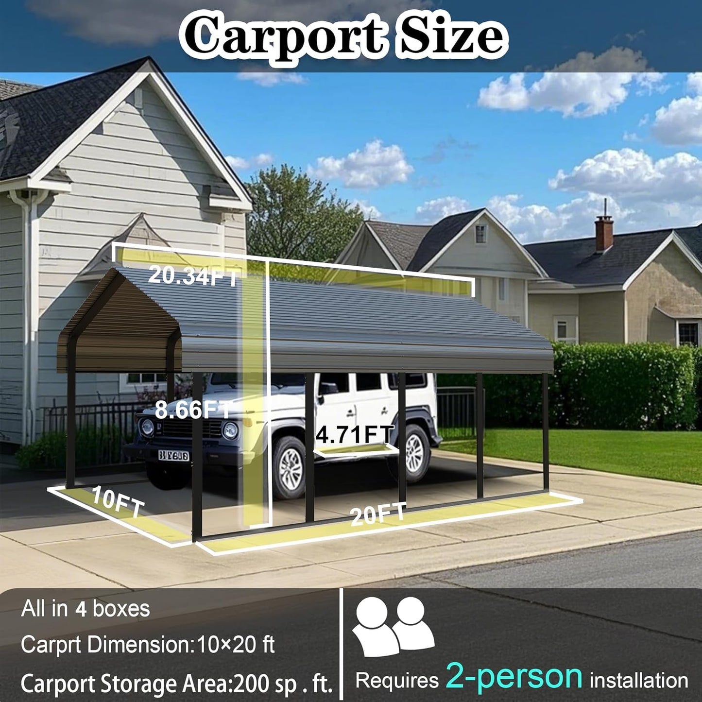 10x20FT/20x20 FT Metal Carport Heavy Duty for 2 Cars - Frame Shelter Car Garage Kits for All-Weather,Car Canopy Reinforced with Safe Boat Cover Car Ports for Yard Protection (10 x 20ft)