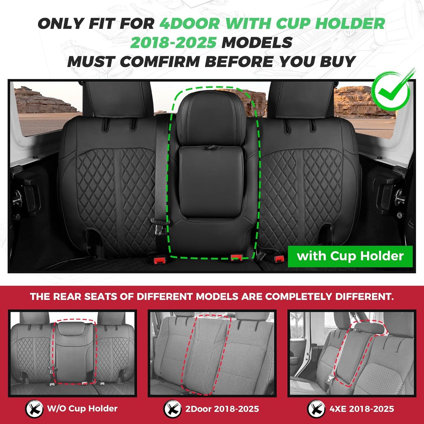 for Jeep Wrangler Seat Covers 4Door JL 2018 2019 2020 2021 2022 2023 2024 2025, Custom Fit Car Seat Cover Full Set, Luxury Waterproof Leather Seat Protectors, Black, with Rear Cup Holder