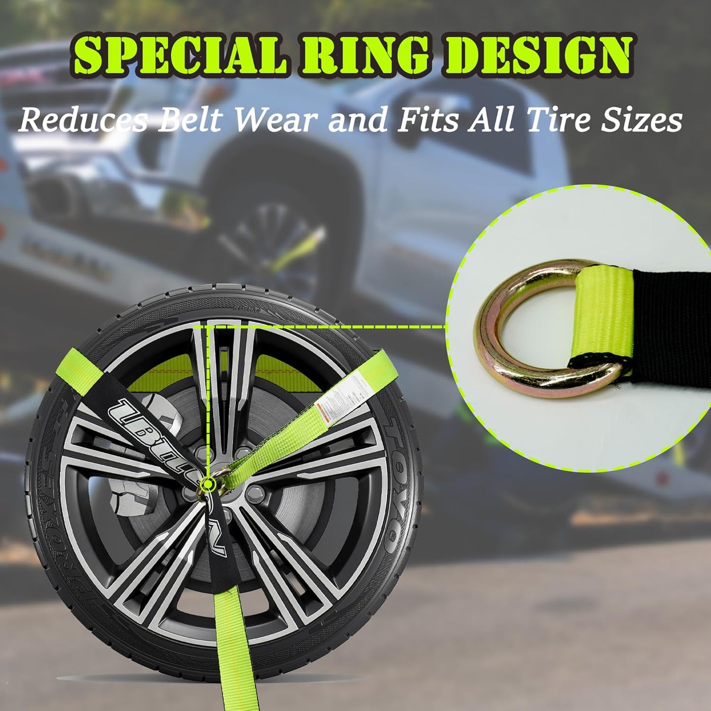 4 Pack Car Tie Down Straps for Trailers - 2" x 96" - 3,300 lbs Safe Working Load -Adjustable Wheel Straps for Hauling Cars.Green