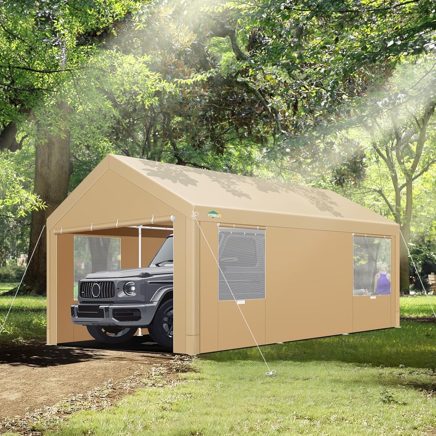 COBIZI Carport 10x20ft Heavy Duty Portable Garage, 2.0 Powder Coated Frame(Better Than Galvanized), Waterproof Shelter with Removable Sidewalls & Windows, Built-in Sandbags, for Car/Boat/SUV, Khaki