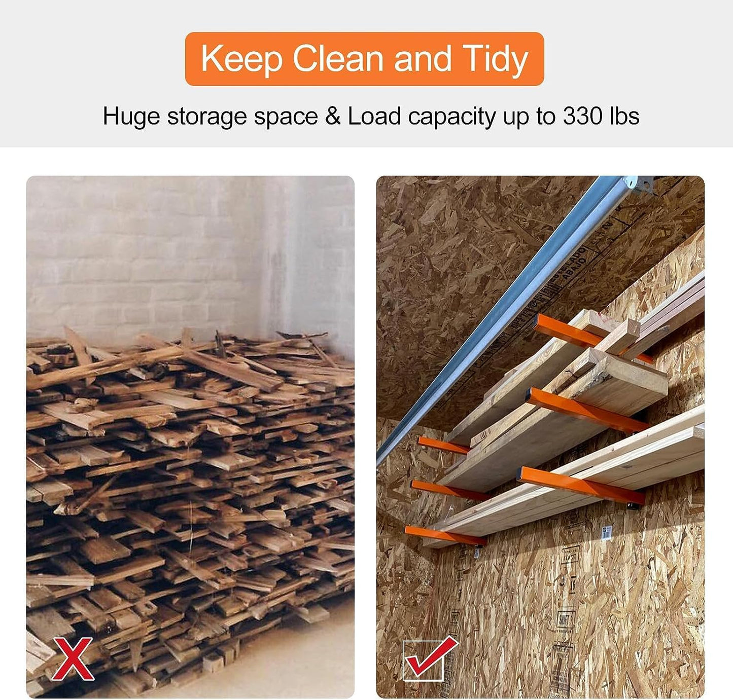 Ultrawall Wall Mount Wood Organizer and Lumber Storage Metal Rack for Shed, Workshop, Garage with 3-Level (Black-4 Pack)