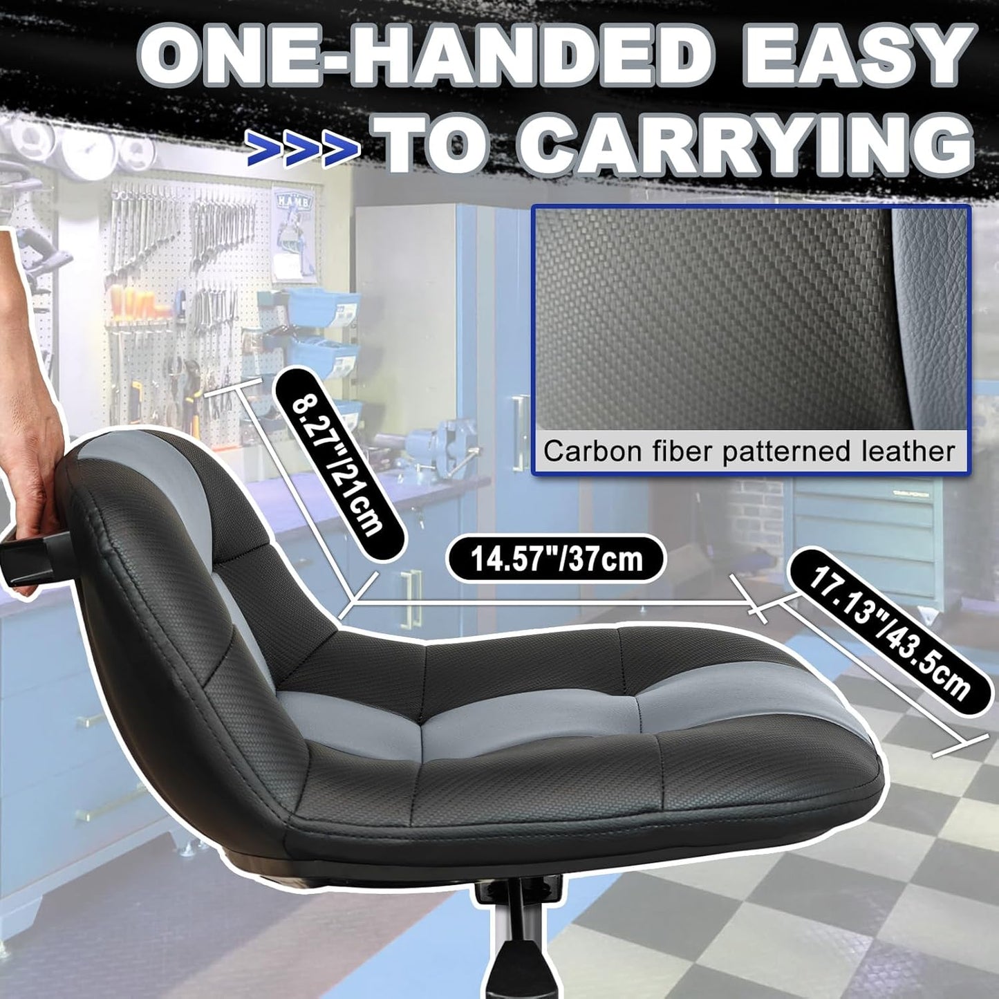 Rolling Stool with Wheels, Adjustable Height Pneumatic Garage Work Mechanic Stool Seat with Backrest, 400 LBS Capacity 360° Swivel Mechanic Crepper Chair with Tool Tray Storage, Gray