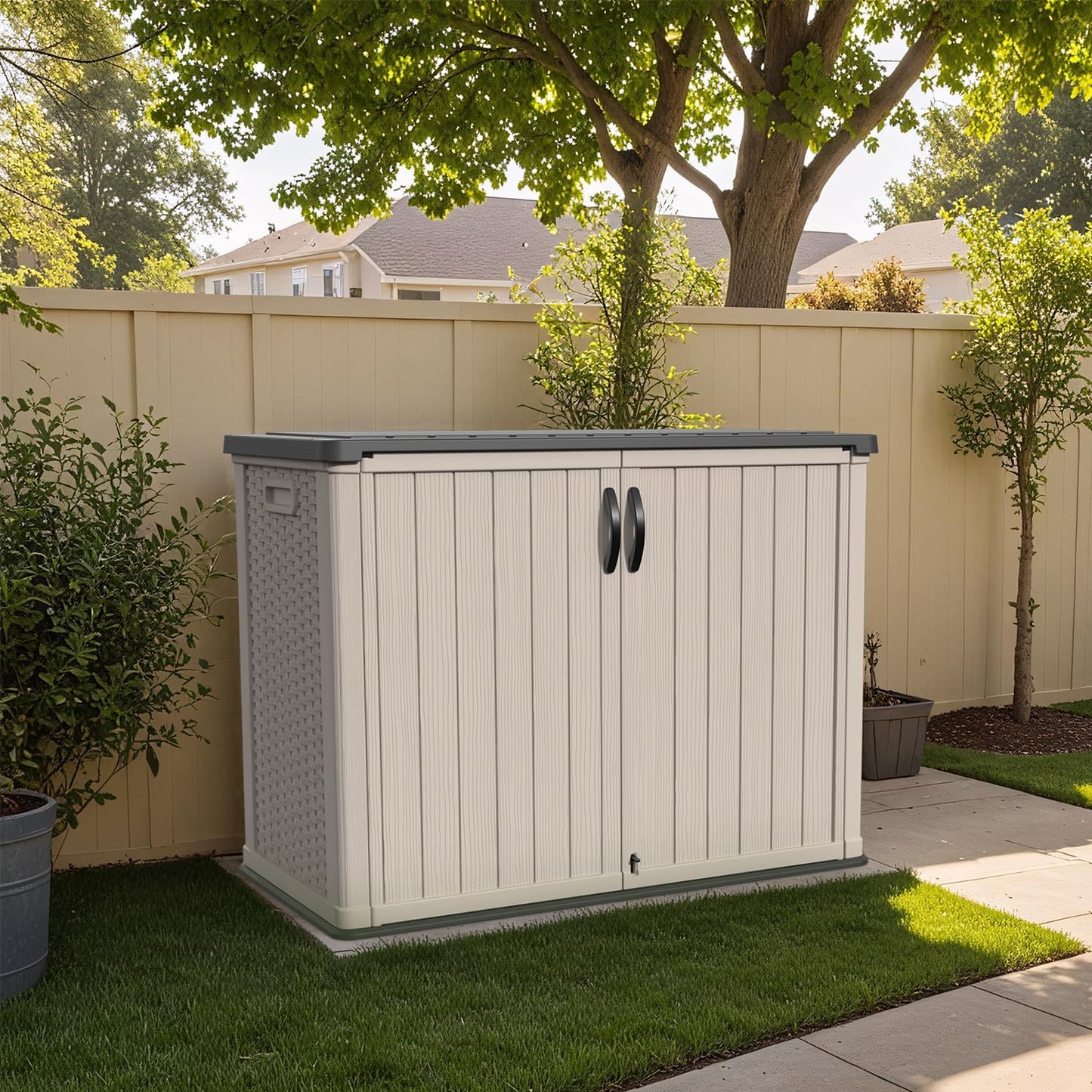 Patiowell 26 cu.ft Plastic Outdoor Storage Shed, Lockable Waterproof Resin Outdoor Storage Cabinet Tool Shed for Garden Tools, Garbage Cans, Pool Supplies, Beige(Not Include Shelves)