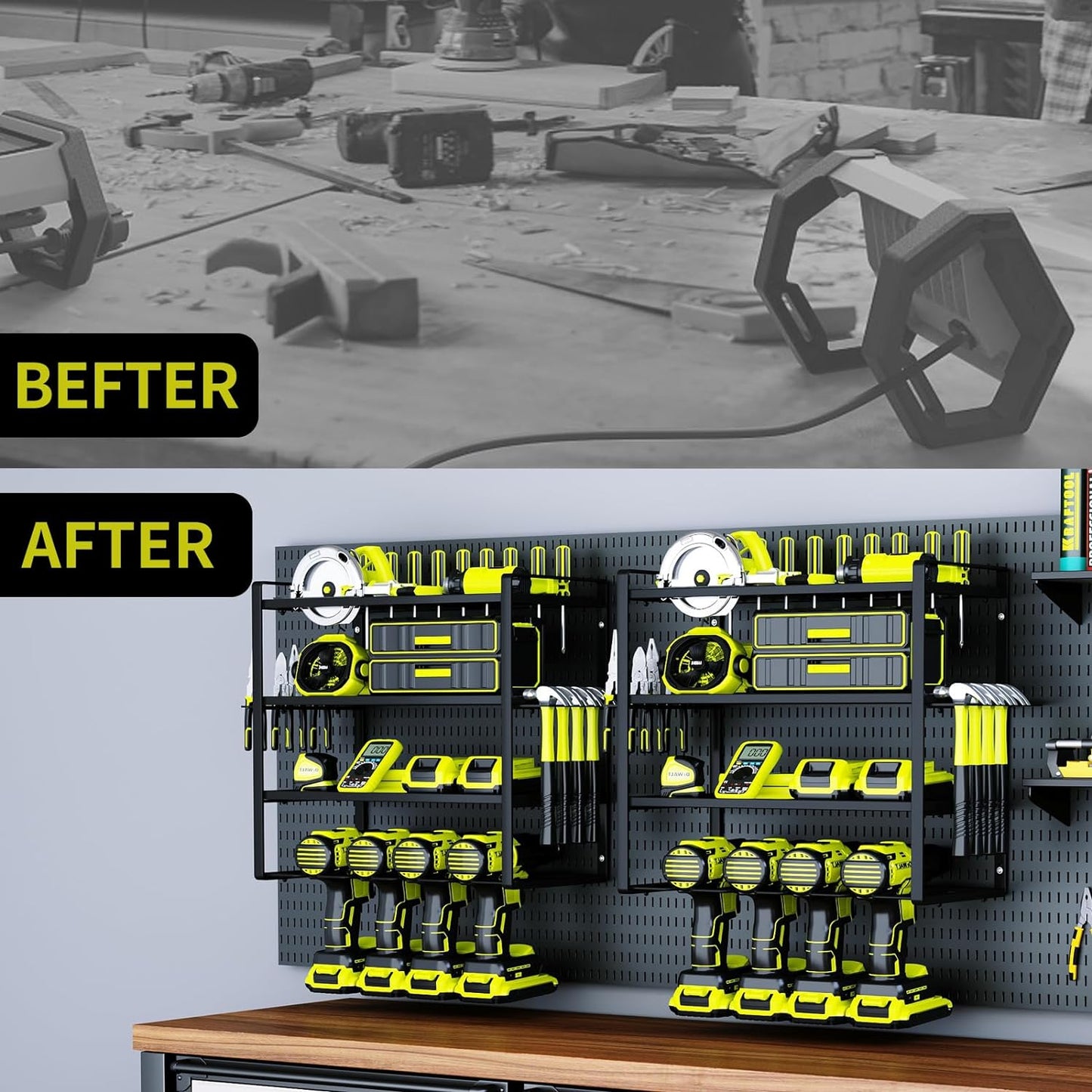 KAFAHOM Power Tool Organizer,4 Layer Drill Holders Wall Mount,Heavy Duty Metal Organizers and Storage Rack for Garage Organization,Tools Shelves with Screwdriver Plier/Hammer Holder, Black