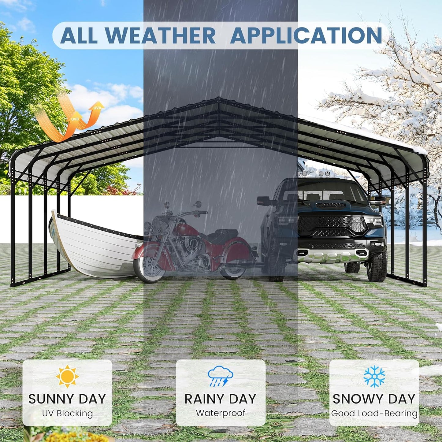 EROMMY 20x20FT Stable Metal Carport, All-Weather Heavy-Duty Carports with Strong Base, Sturdy Car Shed with Galvanized Steel Roof and Frame, Easy Assembly Car Port for 2 Cars, Tractors, Boat, Gray