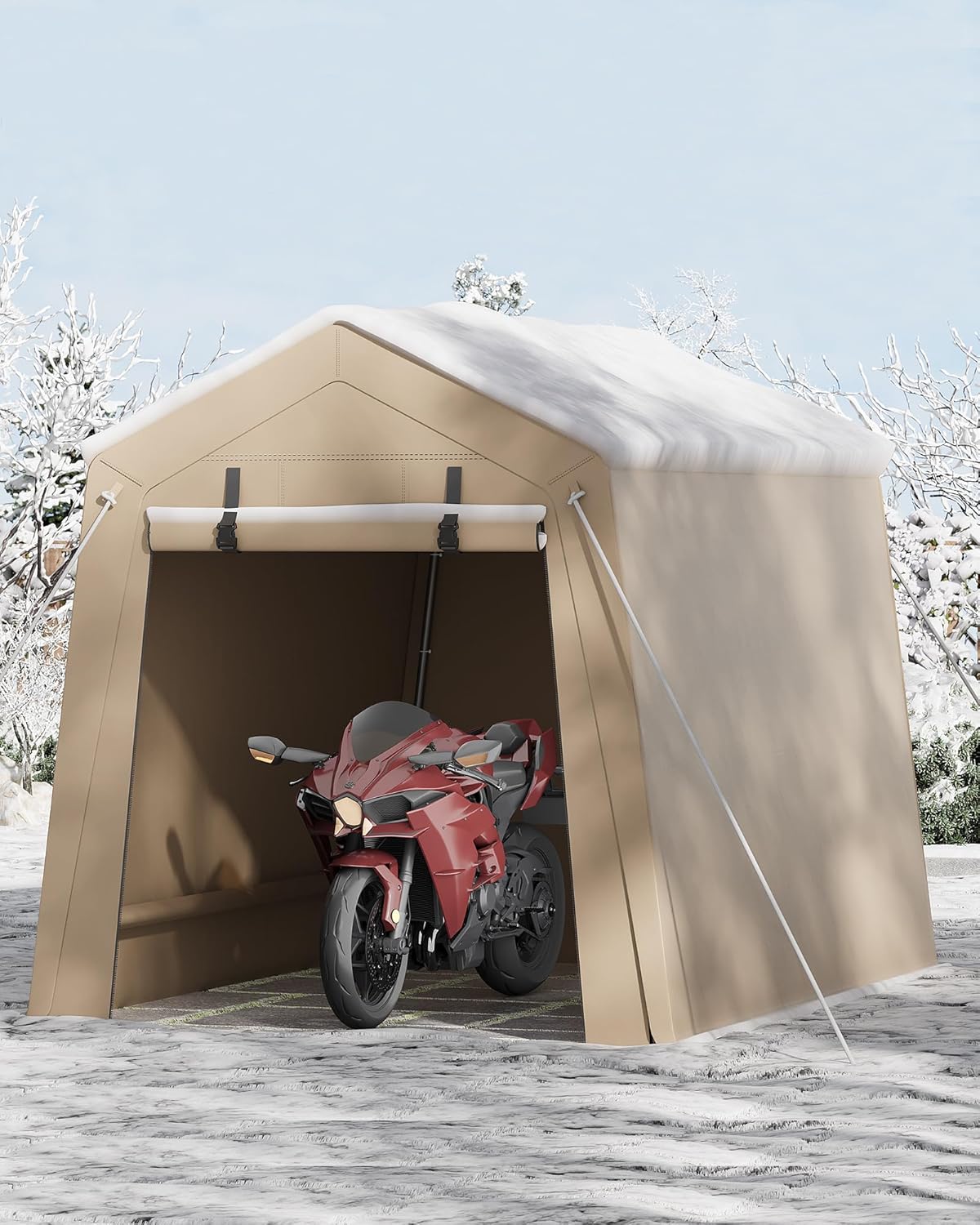 6x8 Ft Carport Heavy Duty Tent with Roll-Up Windows, Portable Garage with Removable Sidewalls & Doors, Car Canopy All-Season Tarp for Car Boat Truck Motorcycle, Khaki