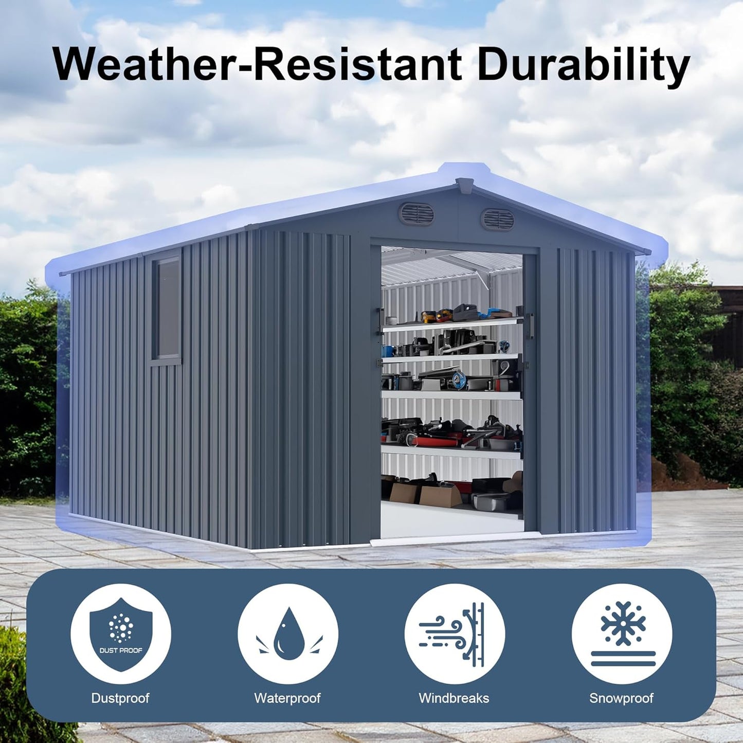 Outdoor Storage Shed 8x10 FT with Window - Metal Sheds & Outdoor Storage for Motorcycle, Bike, Garden Tool, Lawnmower - Backyard Tool Building with 1 Sliding Door, 4 Vents (Without Floor)