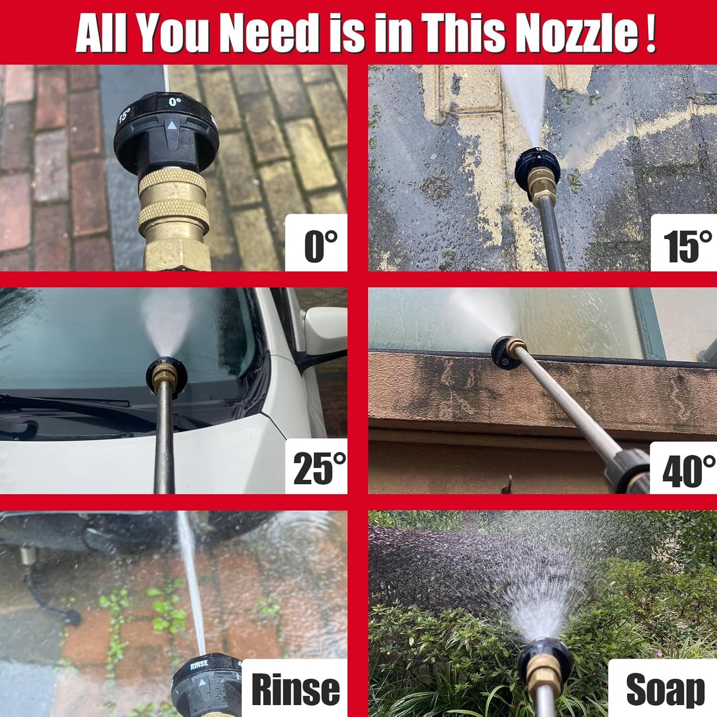 Meteor Blast Pressure Washer Nozzle, 6-in-1 Quick Change over and Adjustable, Power Washer Tips Replacement with 1/4 inch Quick Connector, MAX 4500PSI 2.0GPM for power washer and pressure washer