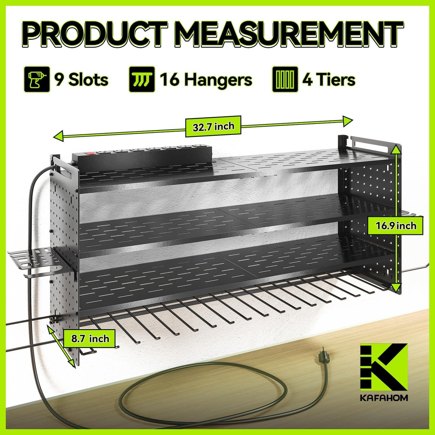 KAFAHOM Power Tool Organizer with Charging Station,9 Drill Holder Wall Mount,4 Layer Durable Metal Cordless Drill Storage for Garage Organization,Battery Tool Rack Built in 7 Outlet Power Strip Black