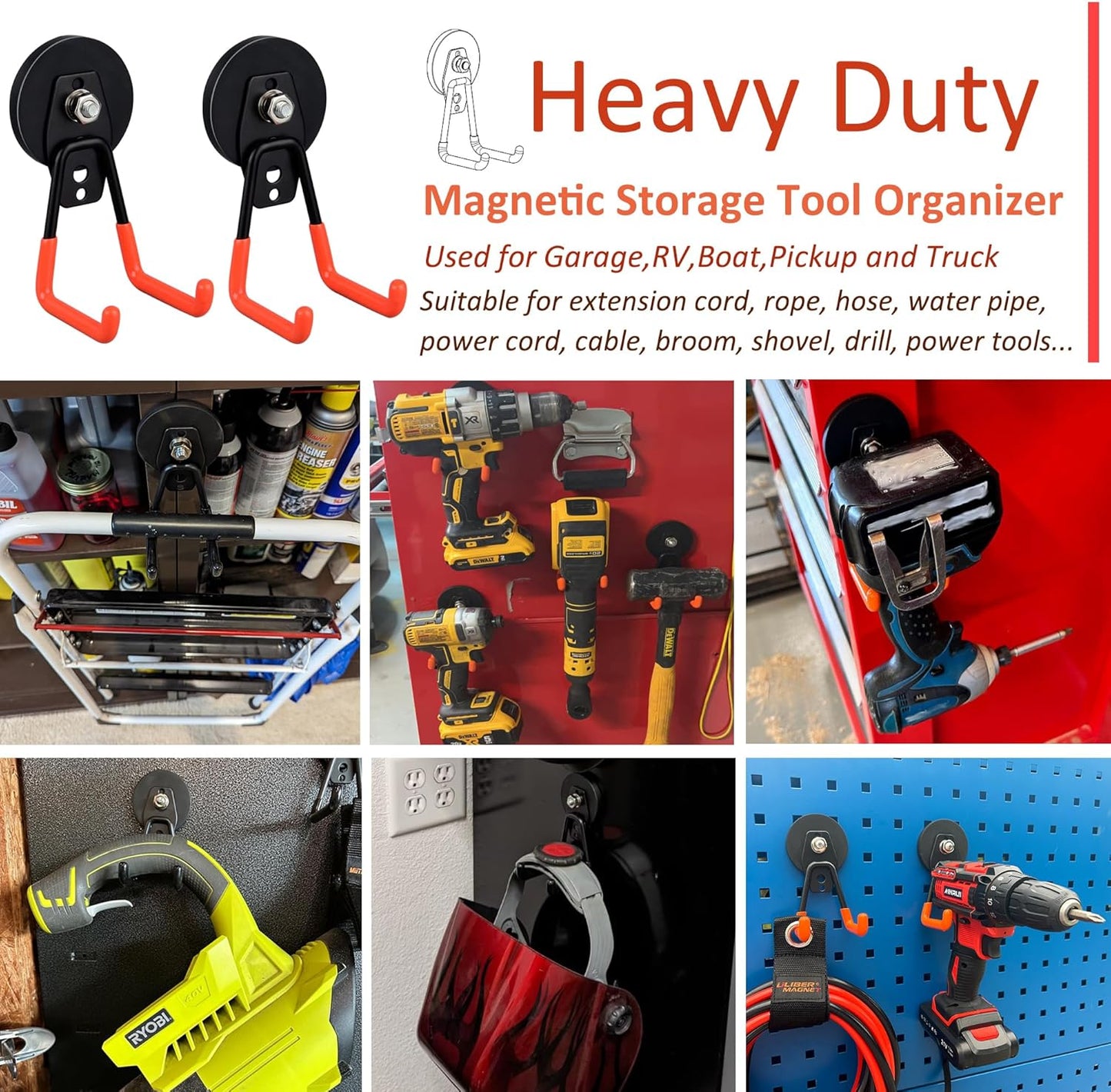 ULIBERMAGNET Heavy Duty Magnetic Garage Hooks,Strong Large Magnet Hooks for Power Drill,Garden Tools,Hose,Pegboard,Garage,Workshop,2 Pack Magnetic Storage Holder for Indoor Outdoor Hanging(Orange)