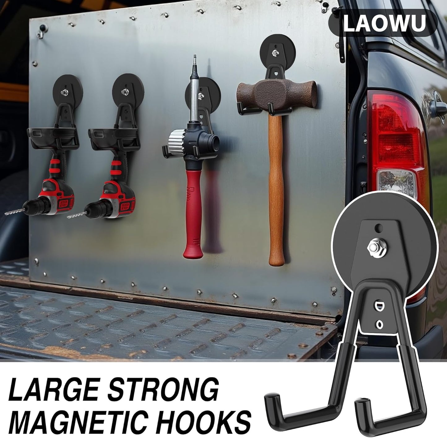 4Pcs Heavy Duty Storage Magnetic Utility Hooks Large Garage Strong Extra Magnet Hooks Hanger with Anti-Slip Coating Heavy Duty Magnetic Hooks for Hanging Power Dril Garage Garden Tools Black
