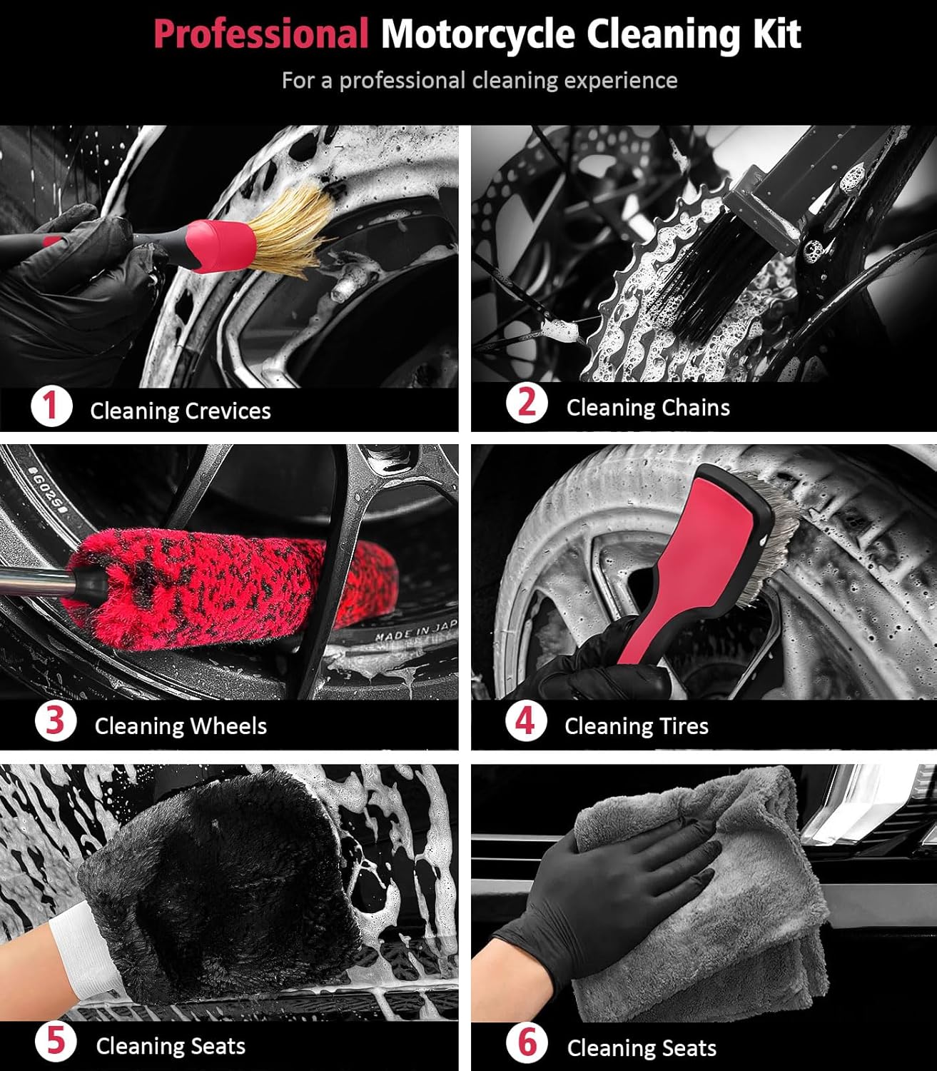 6PCS Motorcycle Cleaning Kit, Wool Wheel Brush, Tire and Chain Brush, Detailing Brush, Ultra Plush Microfiber Towel and Car Wash Mitt for Car Wheels Motorcycle Dirt Bike Cleaning Wash Kit