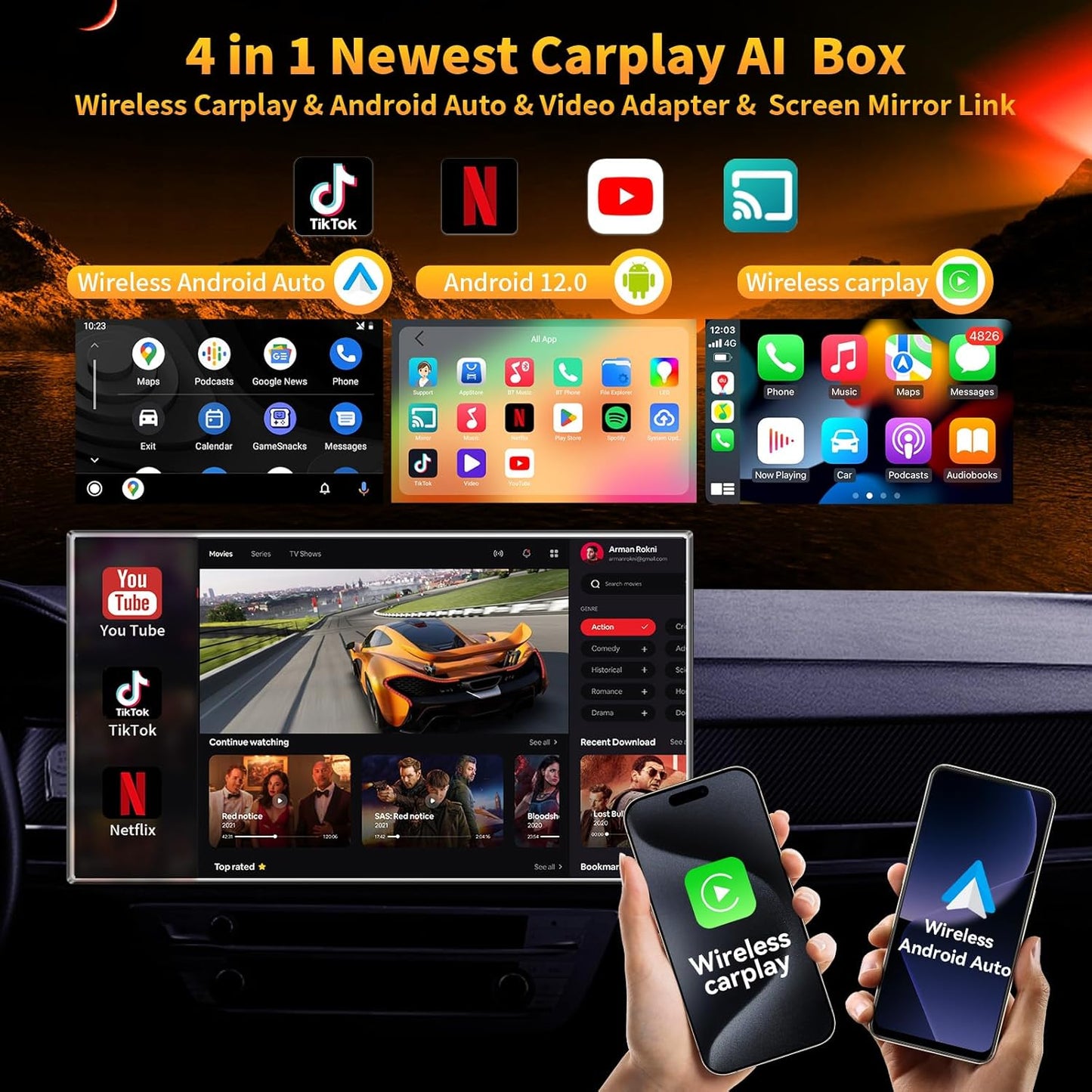 4-in-1 Carplay Ai Box,Wireless CarPlay & Android Auto Adapter,Compatible with N-etflix/YouTube/TIK Tok/Screen Mirror Link/TF Card,Suitable for Cars Equipped with OEM Wired CarPlay,Plug & Play