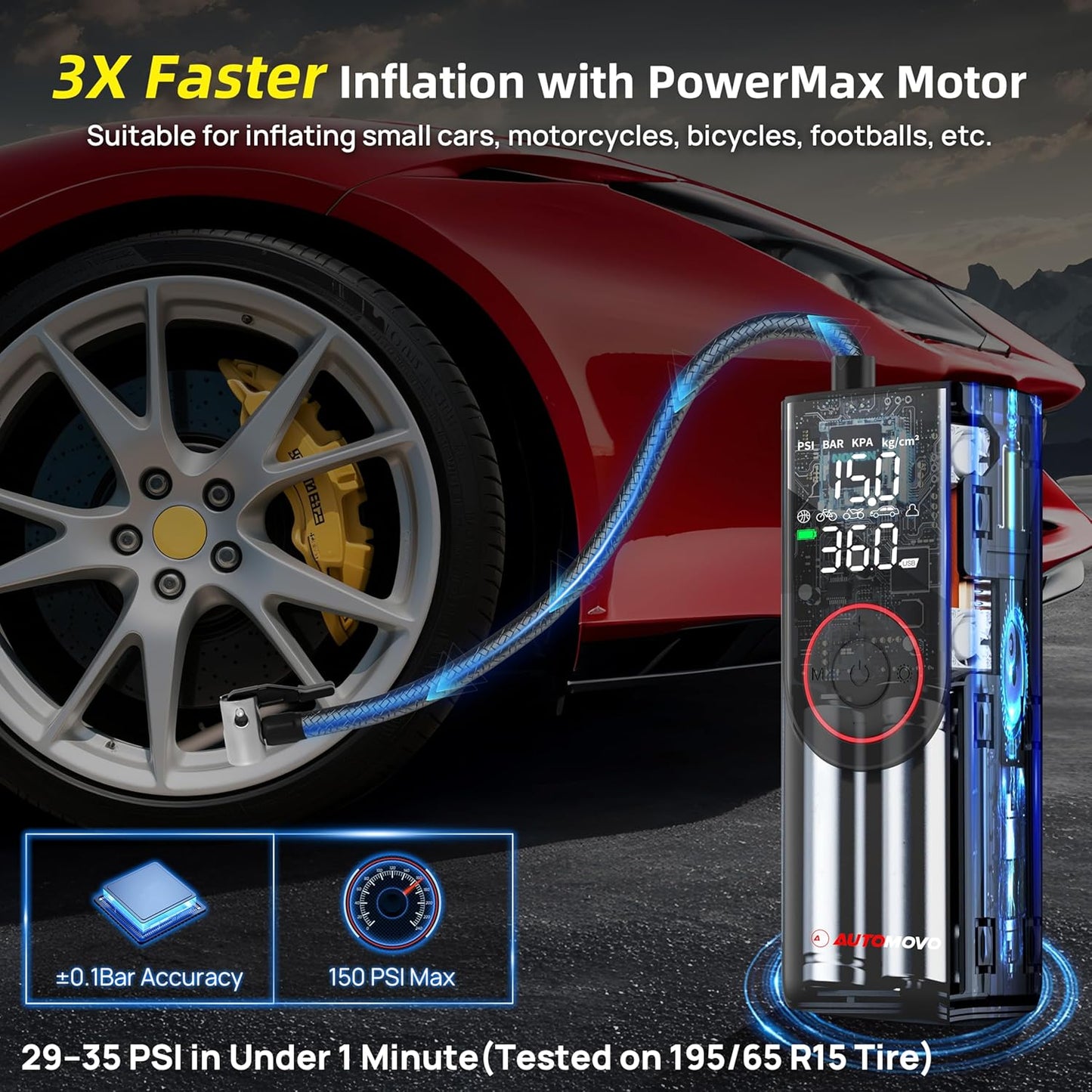 Tire Inflator Portable Air Compressor-3X Faster Inflation, 150PSI Air Pump for Car Tires with Digital Pressure Gauge/LED Light, Portable Tire Inflator for Car, Motorcycle, Bike, Ball