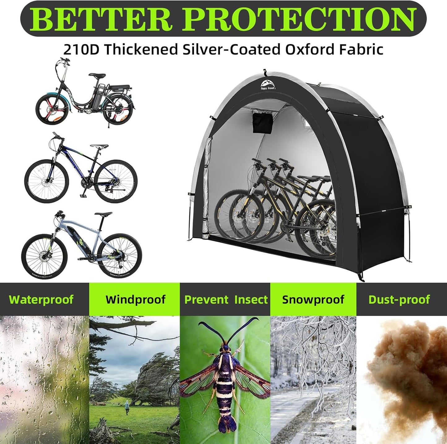 Happy Travel Bike Storage Tent Shed, Outdoor Waterproof Bicycle Covers Shelter with Window for 2/3/4/6 Bikes,Oversized Outside Portable Sheds for Lawn Mower,Garden Tools