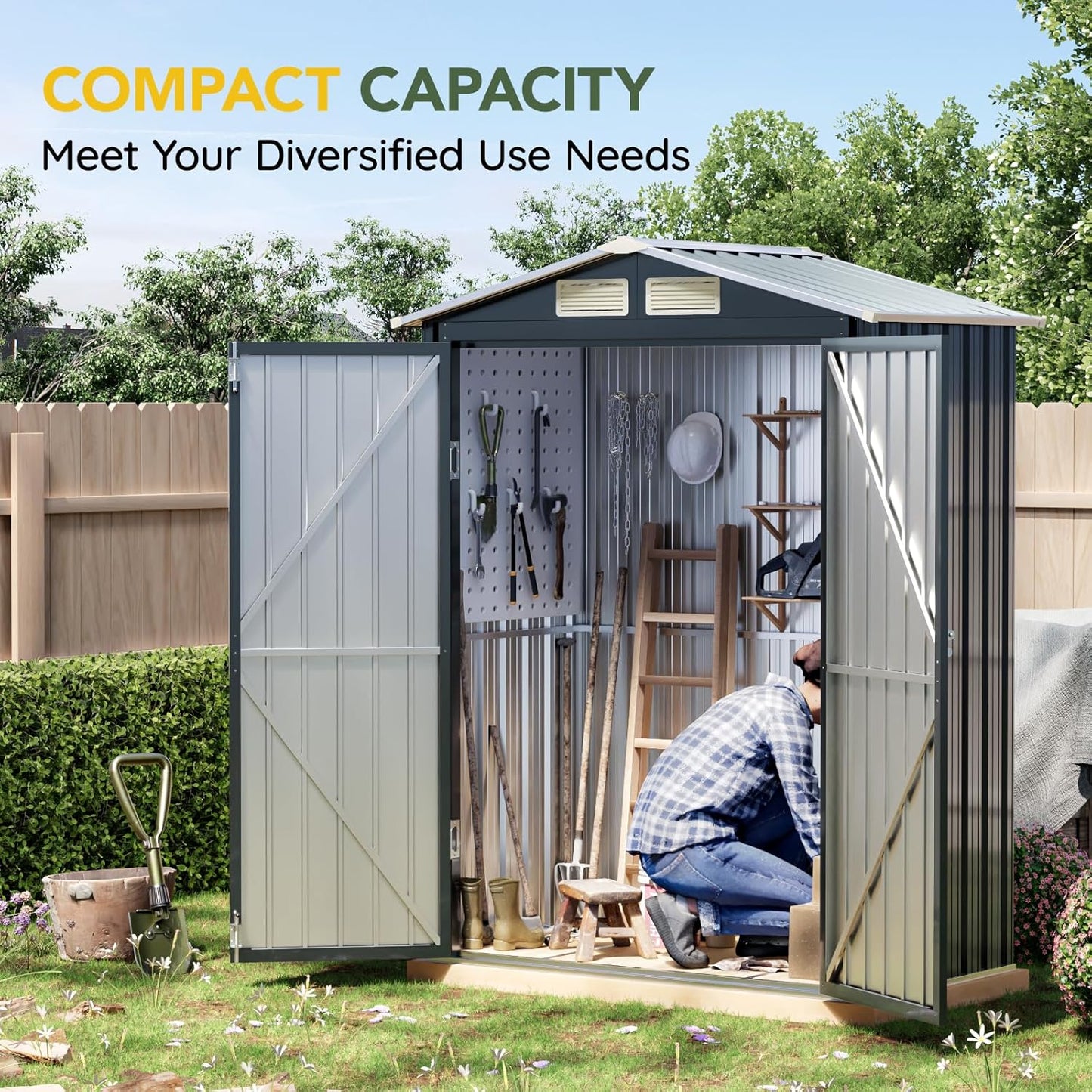 Breezz 5x3FT Vertical Outdoor Steel Storage Shed with Floor Frame, Lockable Doors, Compact Metal Tool Shed for Garden, Backyard, Patio, Utility, and Bike Storage,Nightblue