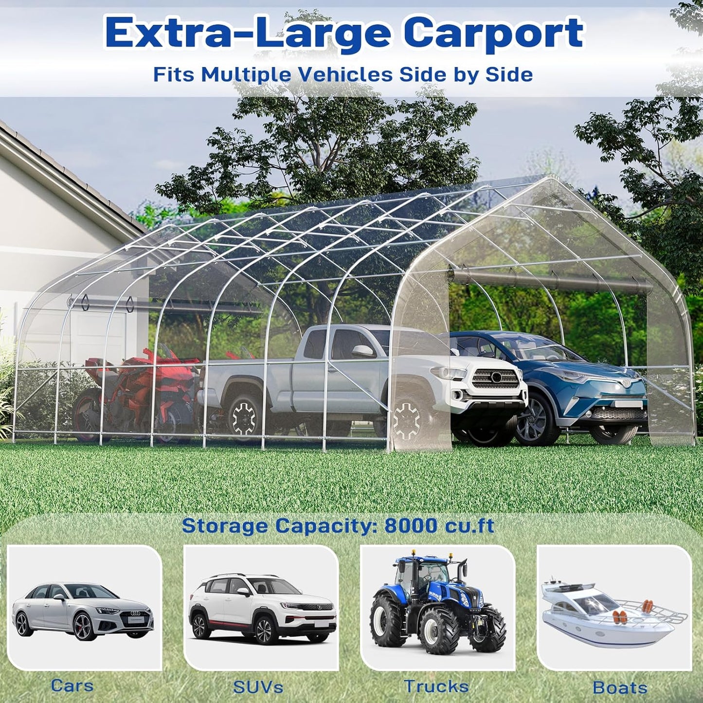 EROMMY 20x30 FT Heavy Duty Durable Carport, Galvanized Steel Frame Garage Shelter and Outdoor Storage, Waterproof 3-Layer PE Cover, Fits 2 Cars, Boat, Farm Equipment, Silver Gray