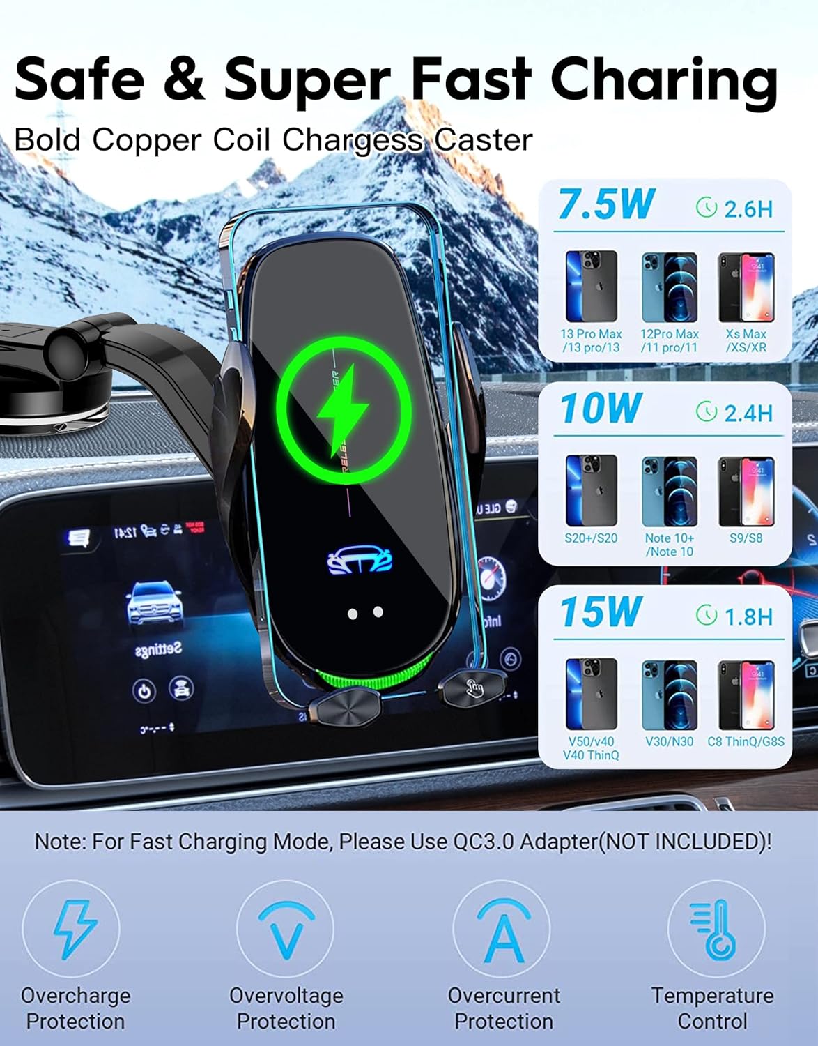 Wireless Car Charger Mount, Fast Charging Auto Clamping 15W Intelligent Dual Control Induction Car Phone Holder Mount Wireless Charging Compatible with All iPhone Android Smartphone