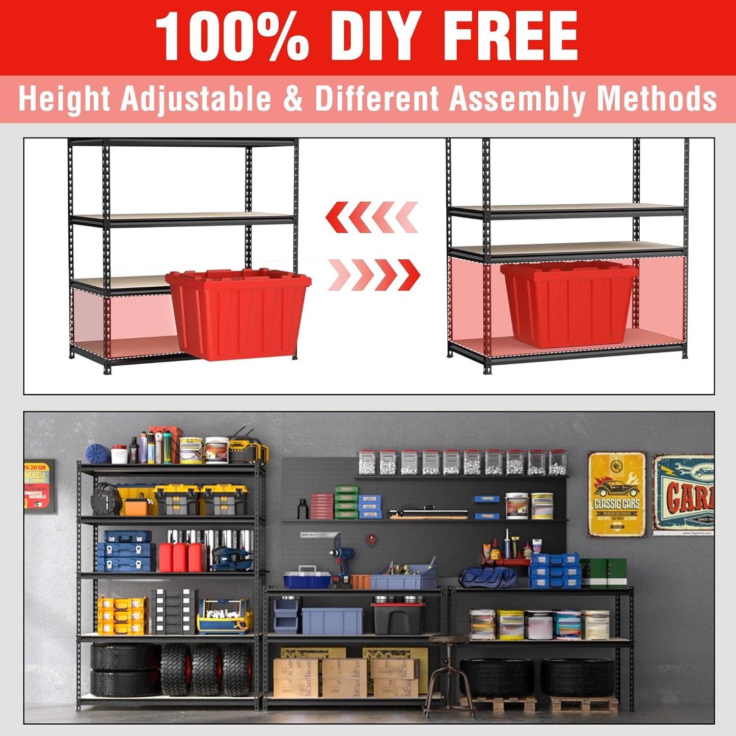 WORKPRO 4000LBS Storage Shelves, 5-Tier Metal Shelving Unit, Adjustable Garage Shelving with Particle Board, Heavy Duty Storage Rack for Garage, Kitchen, Basement, Warehouse, Black, 72"H x 36"W x 18"D