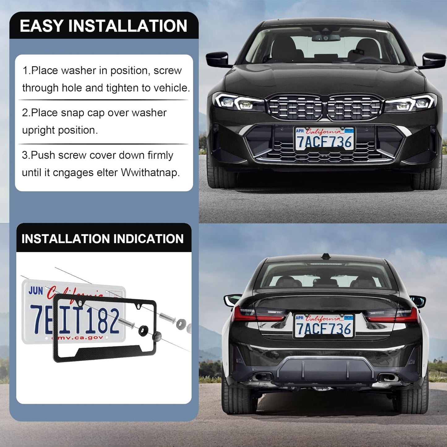 LivTee Carbon Fiber License Plate Frames, 2 Holes Stainless Steel License Plate Covers, 2PCS Car License Plate Holder, Slim Design with Gasket Cover for US Cars, Automotive Exterior Accessories