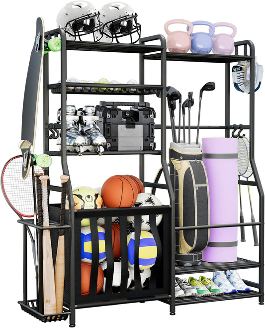 Garage Sports Equipment Organizer, Golf Bag Storage Rack, Heavy Duty Ball Holder with Basket & Hooks, Indoor/Outdoor Basketball Storage Bins for Toy Sports Gear Storage