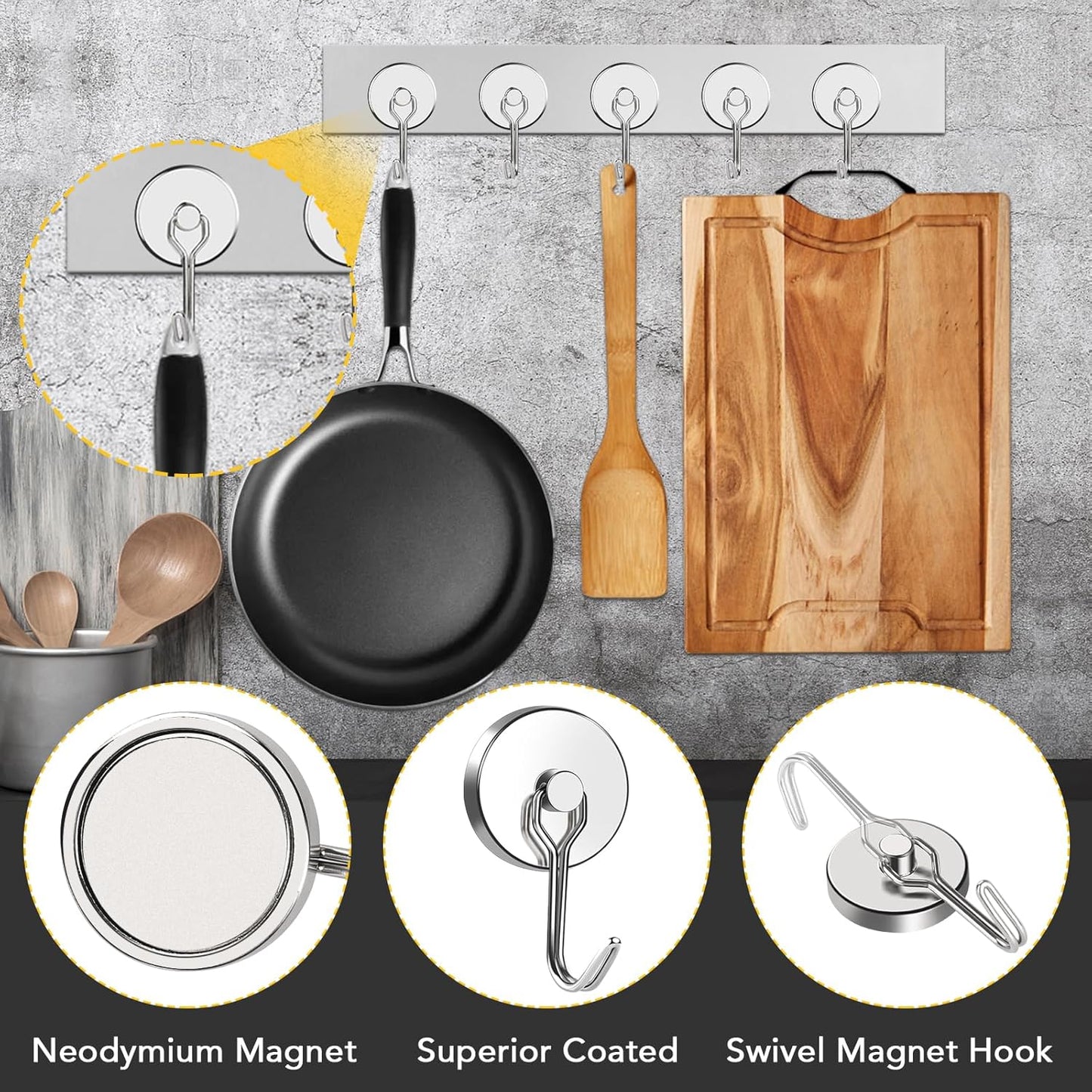 MIKEDE Magnetic Hooks, 110LB Heavy Duty Neodymium Magnet Hooks, Strong Swivel Magnetic Hooks Rust Proof for Indoor Outdoor Hangers, Fridge, Garage, Cruise, Key Holders, Pack of 6