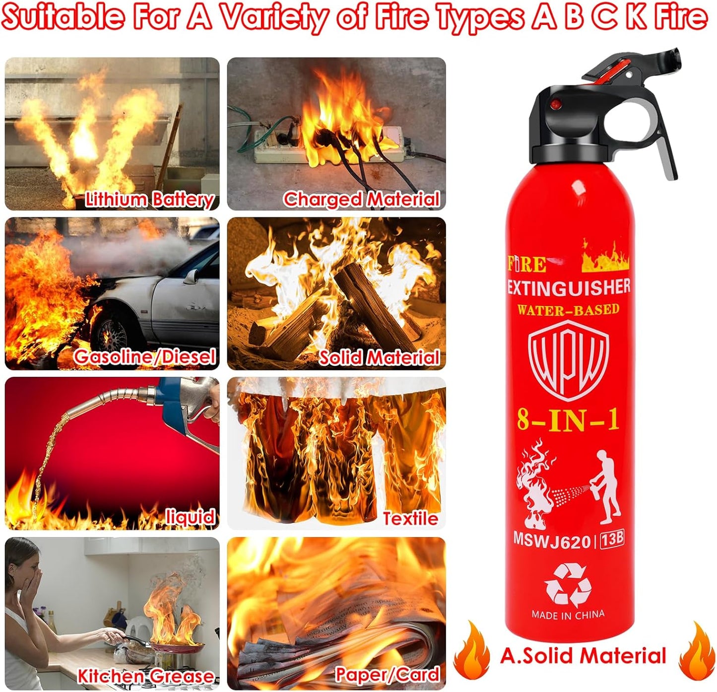 WPW 620ml Large Upgraded 8-in-1 Fire Extinguisher for Home with Wall Mount Portable Fire Extinguisher For Vehicle Car Boat Kitchen Emergency Supplies, Water-Based Solution For A, B, C, K Fire (2 Pack)