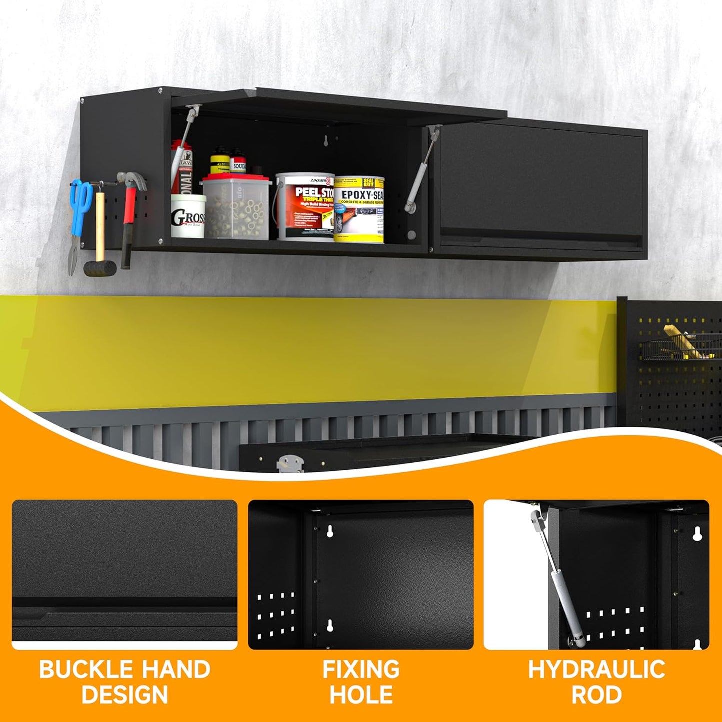 Metal Garage Wall Cabinet with Doors Side with Holes,Wall Mounted Metal Storage Cabinet with Up-Flip Door,Garage Storage Cabinet for Garage, Basement, Kitchen, Warehouse,Office, Bathroom-Black