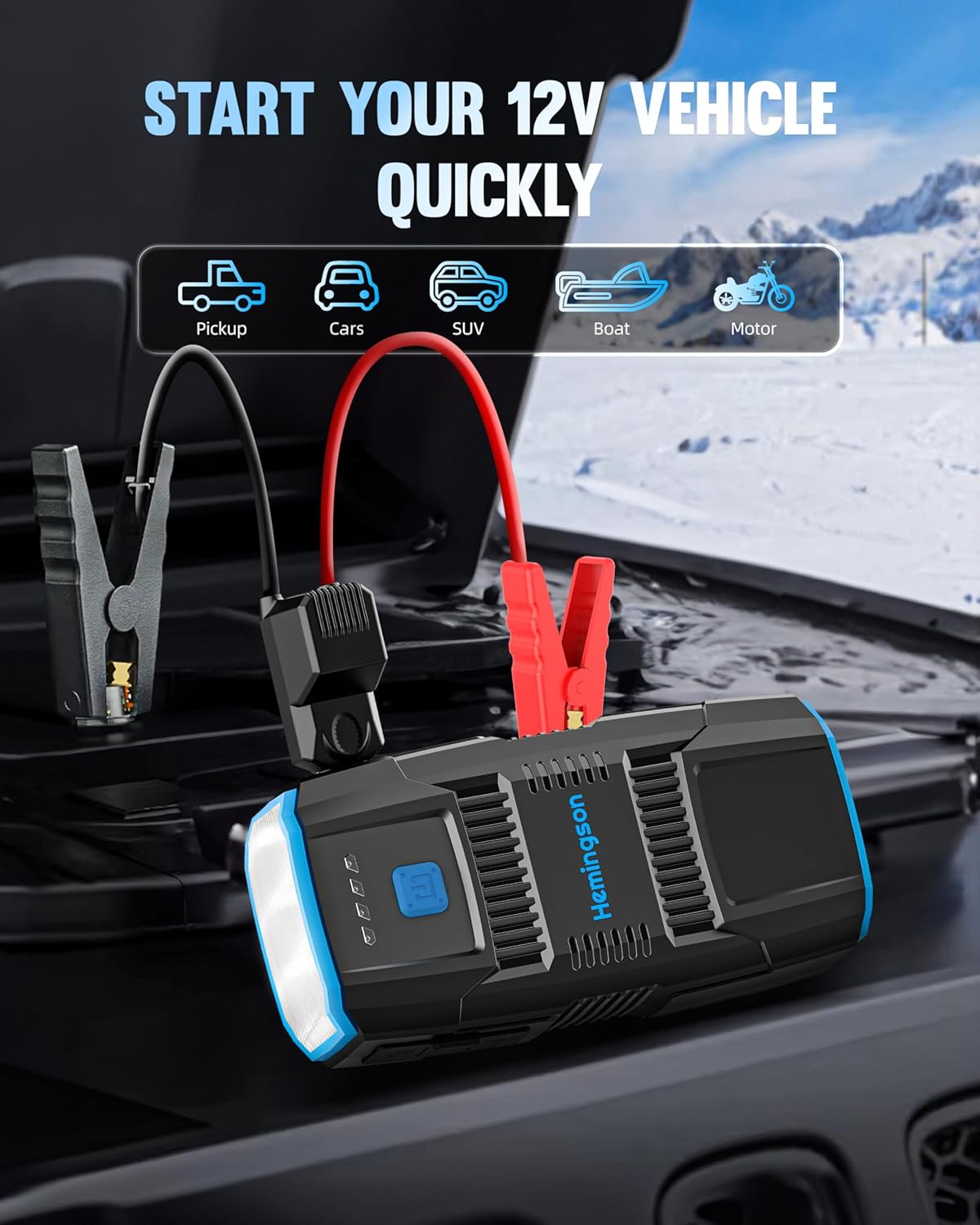Car Jump Starter, HEMINGSON 2000A Peak Battery Jump Starter Portable 12V Jump Box for Vehicles 7.0L Gas and 5.5L Diesel Engines with 4 Modes LED Lights and Jumper Cable
