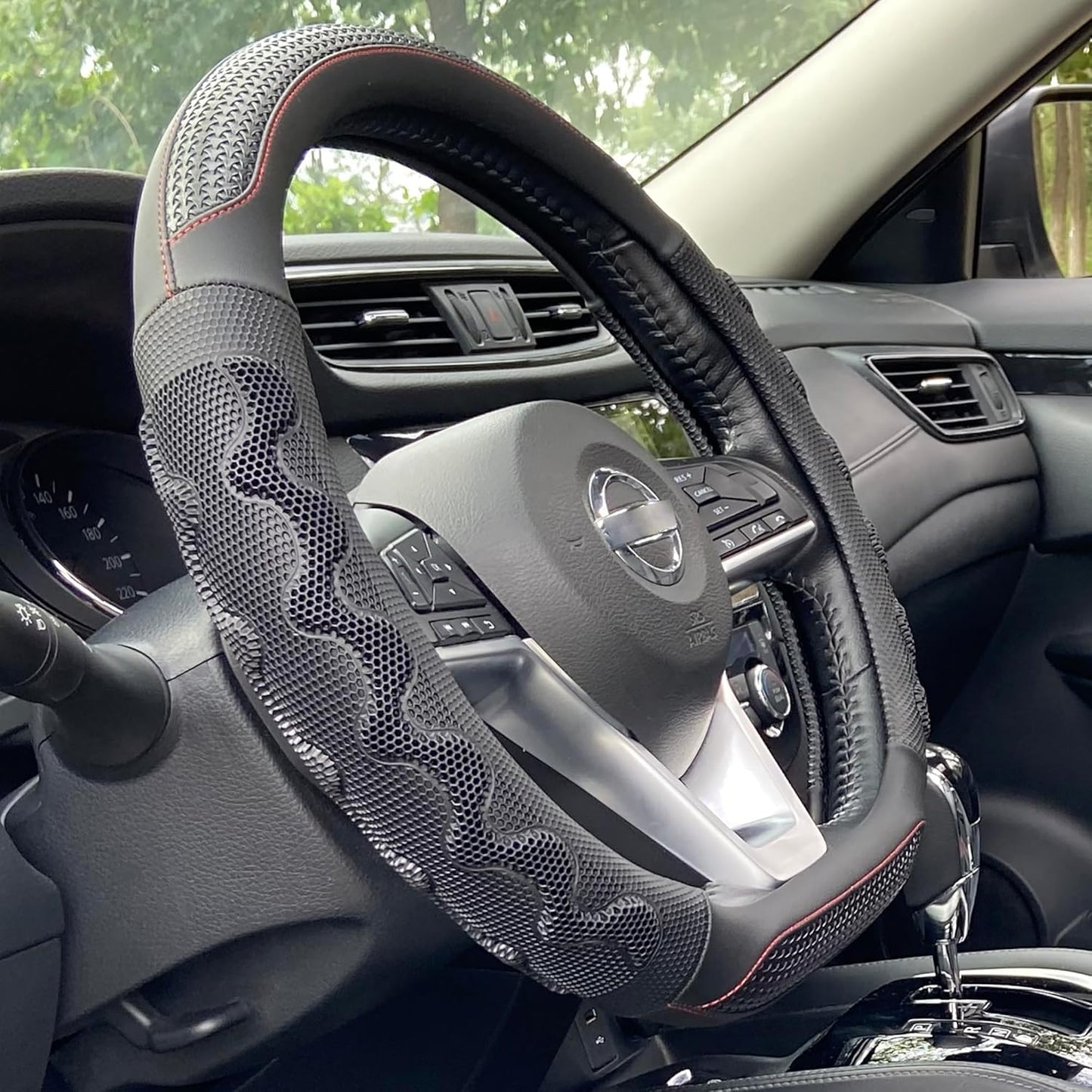 PINCTROT D Shaped 14.5-15 Inch Steering Wheel Cover Great Grip with 3D Honeycomb Anti-Slip Design, Flat Bottom 14.5-15 Inch (Black/Red Stitch)
