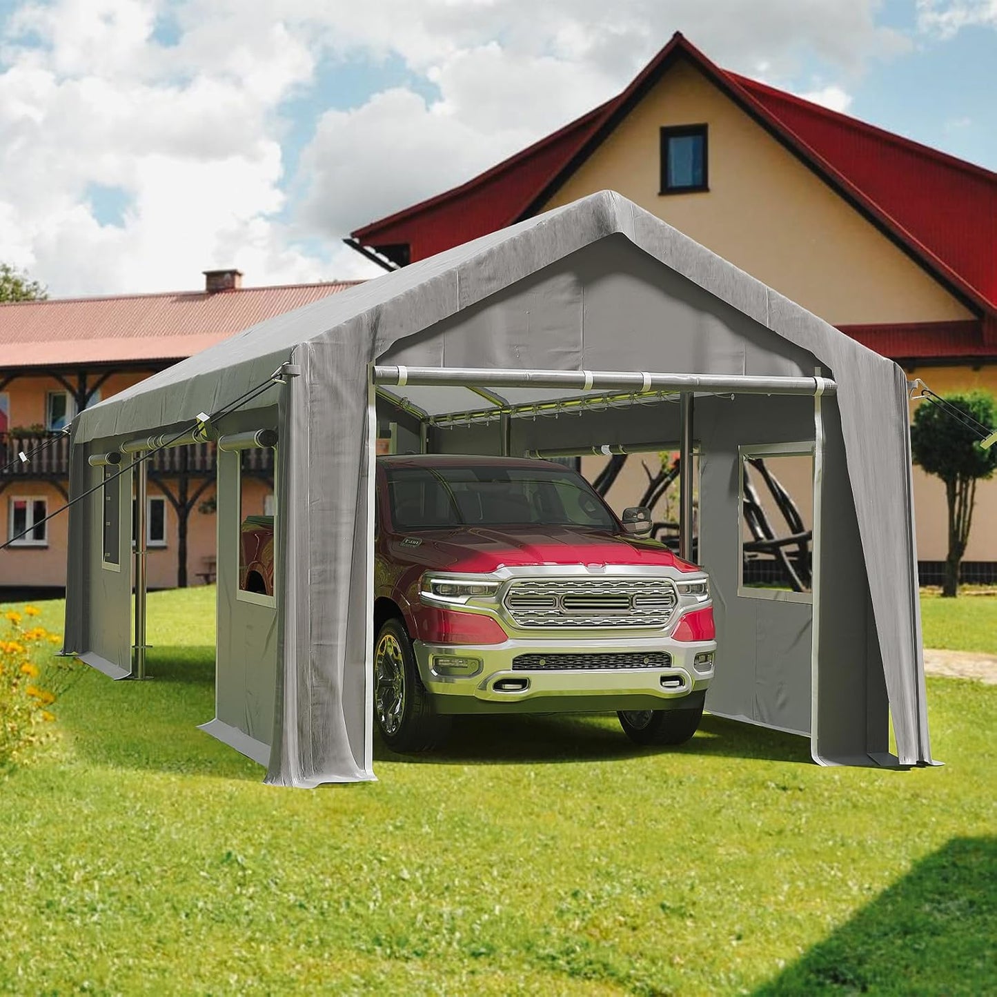 13x20ft Heavy Duty Carport Outdoor Canopy Portable Garage with 4 Doors & 4 Windows Waterproof UV Resistant Storage Shelter with Removable Sidewalls for Car Truck Boat, Gray