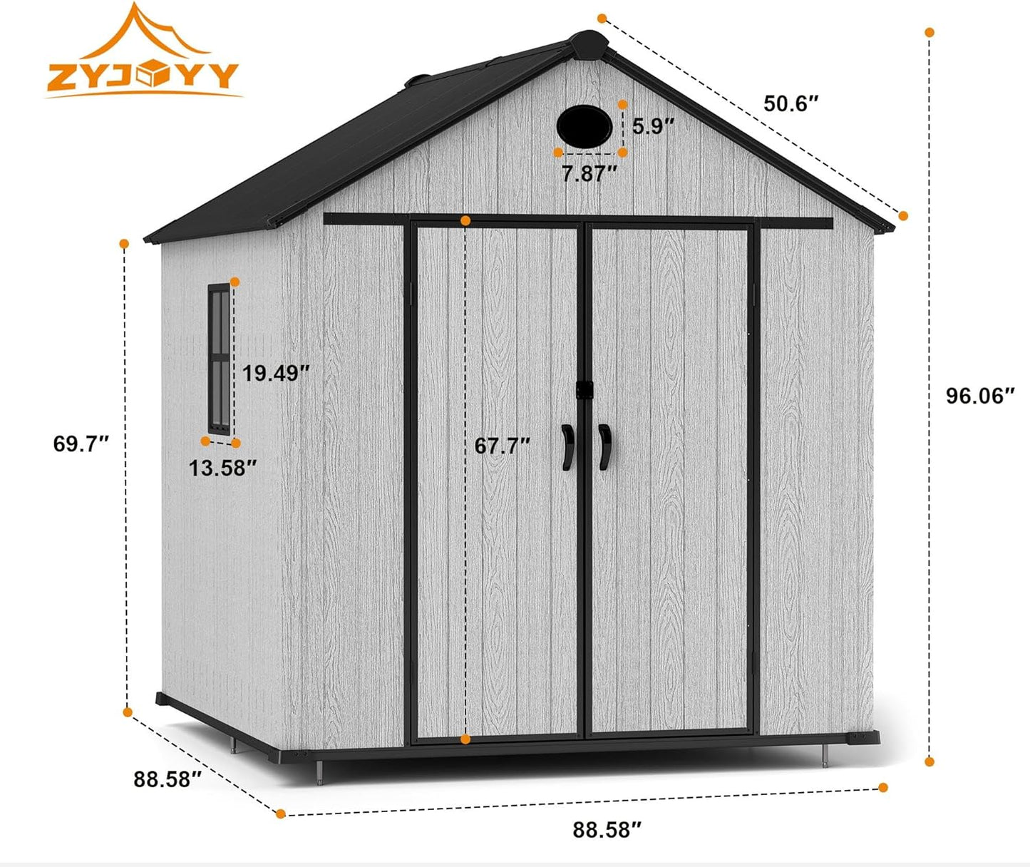 7.3 x 7.3 FT Shed Resin Outdoor Storage with Floor, 436 cuft Plastic Shed with Window and Lockable Door for Garden,with Wood Texture, Grey