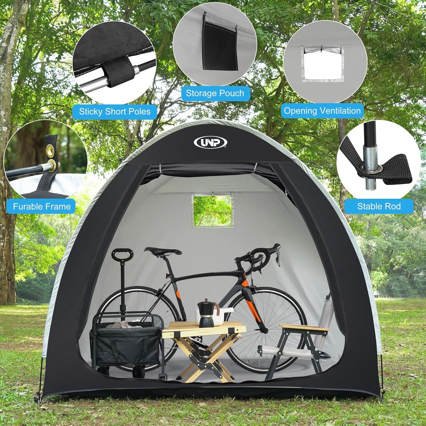 UNP Bike Storage Shed Tent, Portable Outdoor Bike Storage Tent with 210D Oxford Thick PU4000 Waterproof for 1/2/3/4 Bikes, Bike Covers Storage Shed Tent for Bicycles, Lawn Mower, Garden Tools